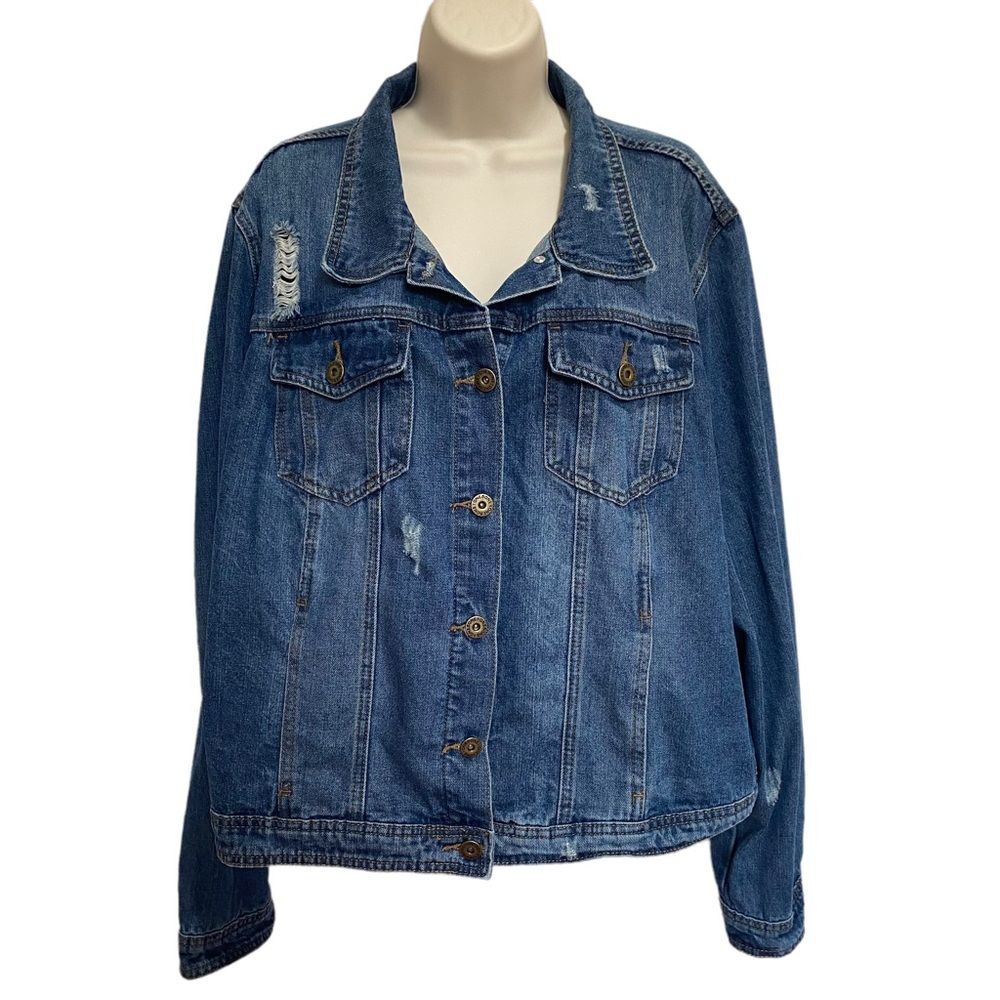One 5 One Distressed Denim Trucker Jacket Blue Sz 3X